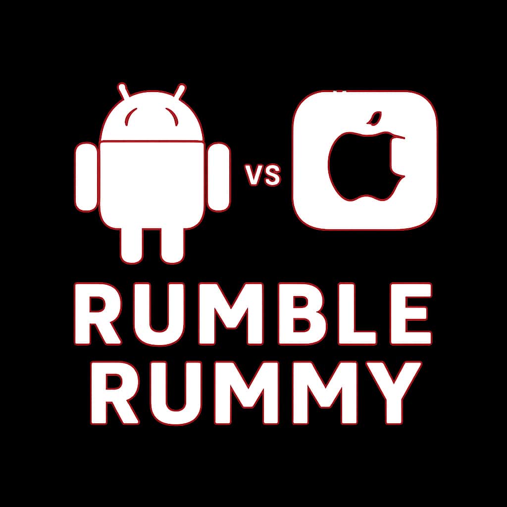 A badge displaying the theme of Rumble Rummy on Android and iOS.