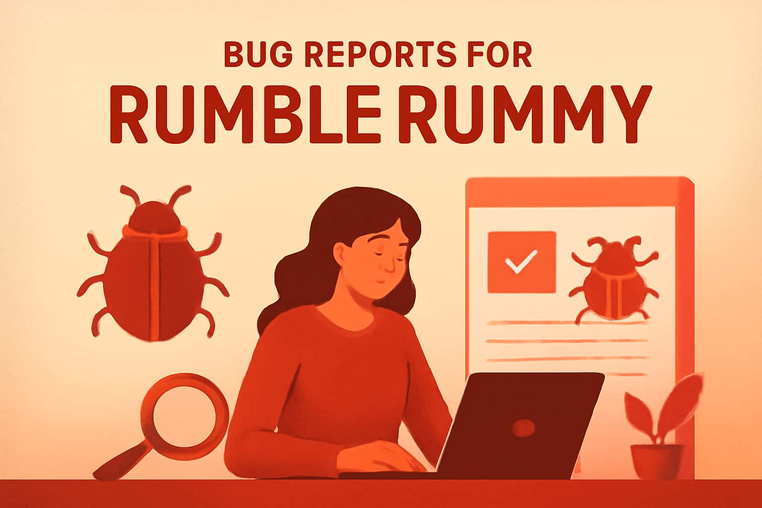 A futuristic scene displaying bug reports for the Rumble Rummy app.