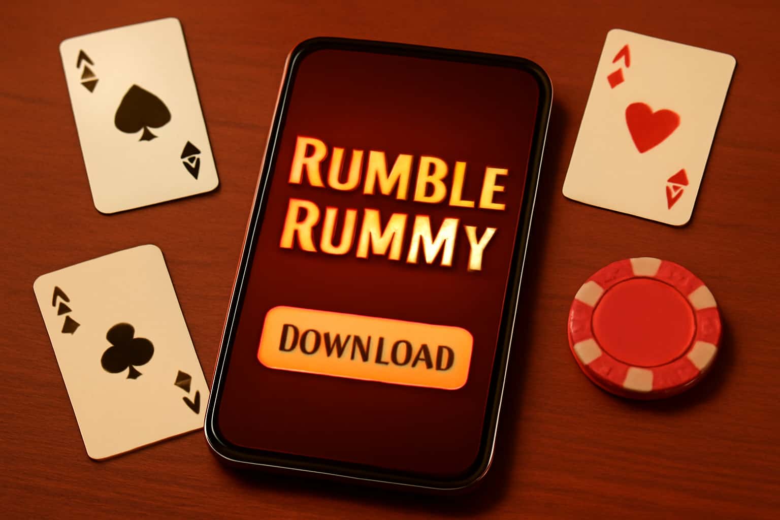 Informational scene illustrating the download process for Rumble Rummy.