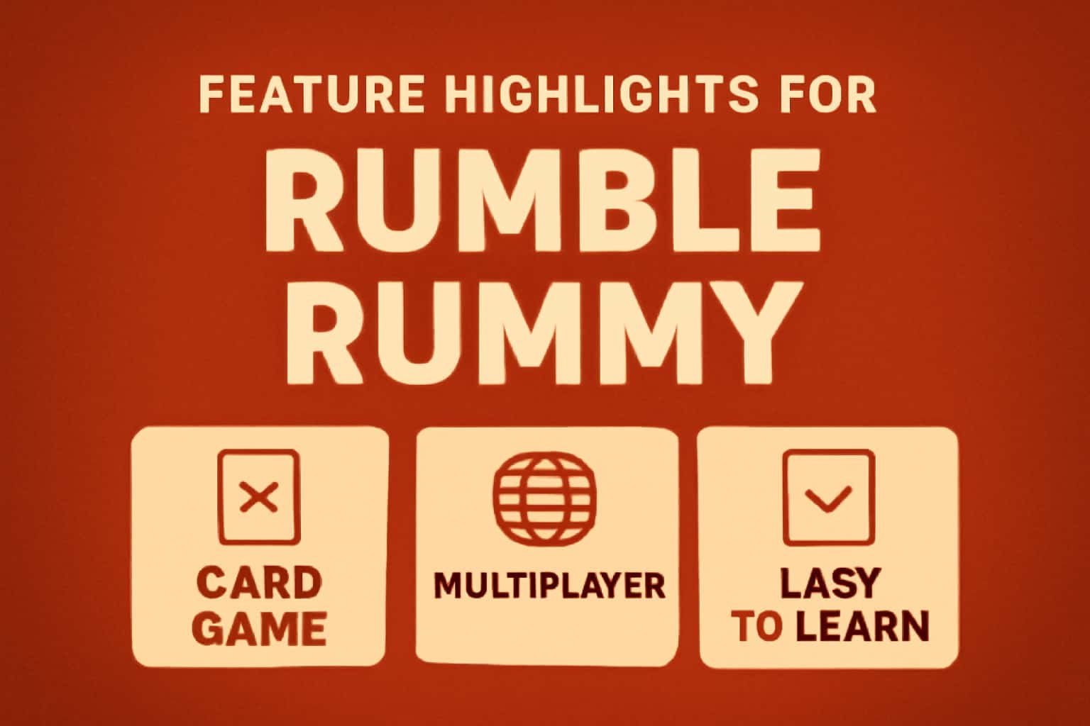 Informational scene showcasing the feature highlights of Rumble Rummy.