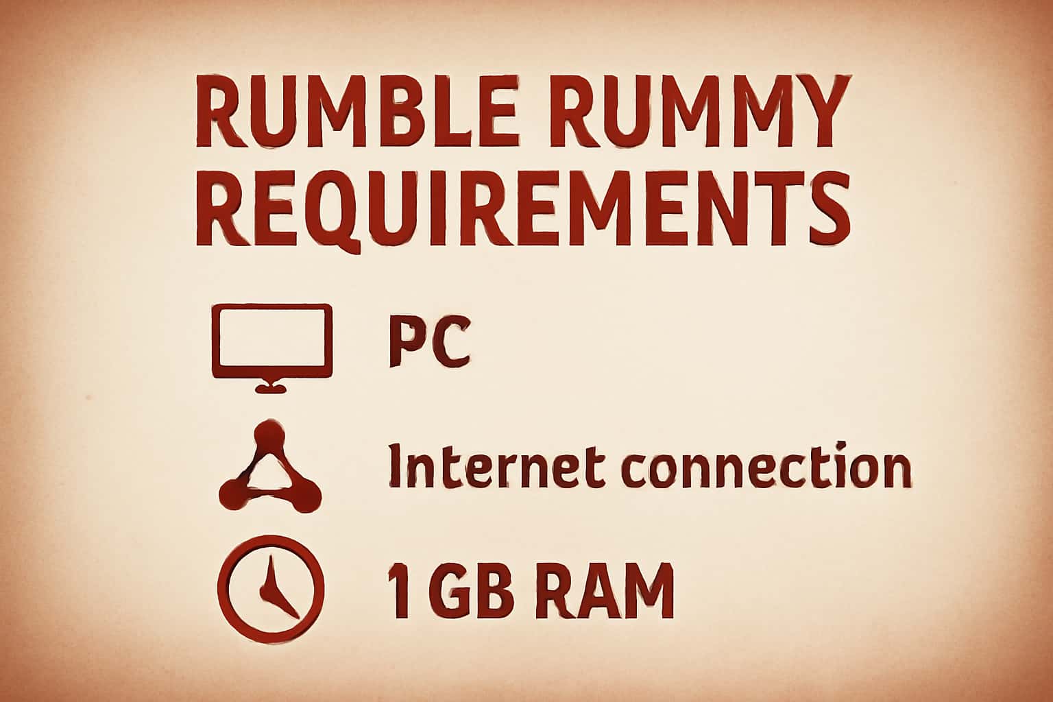 Informational scene showcasing Rumble Rummy Requirements with emphasis on system specifications.