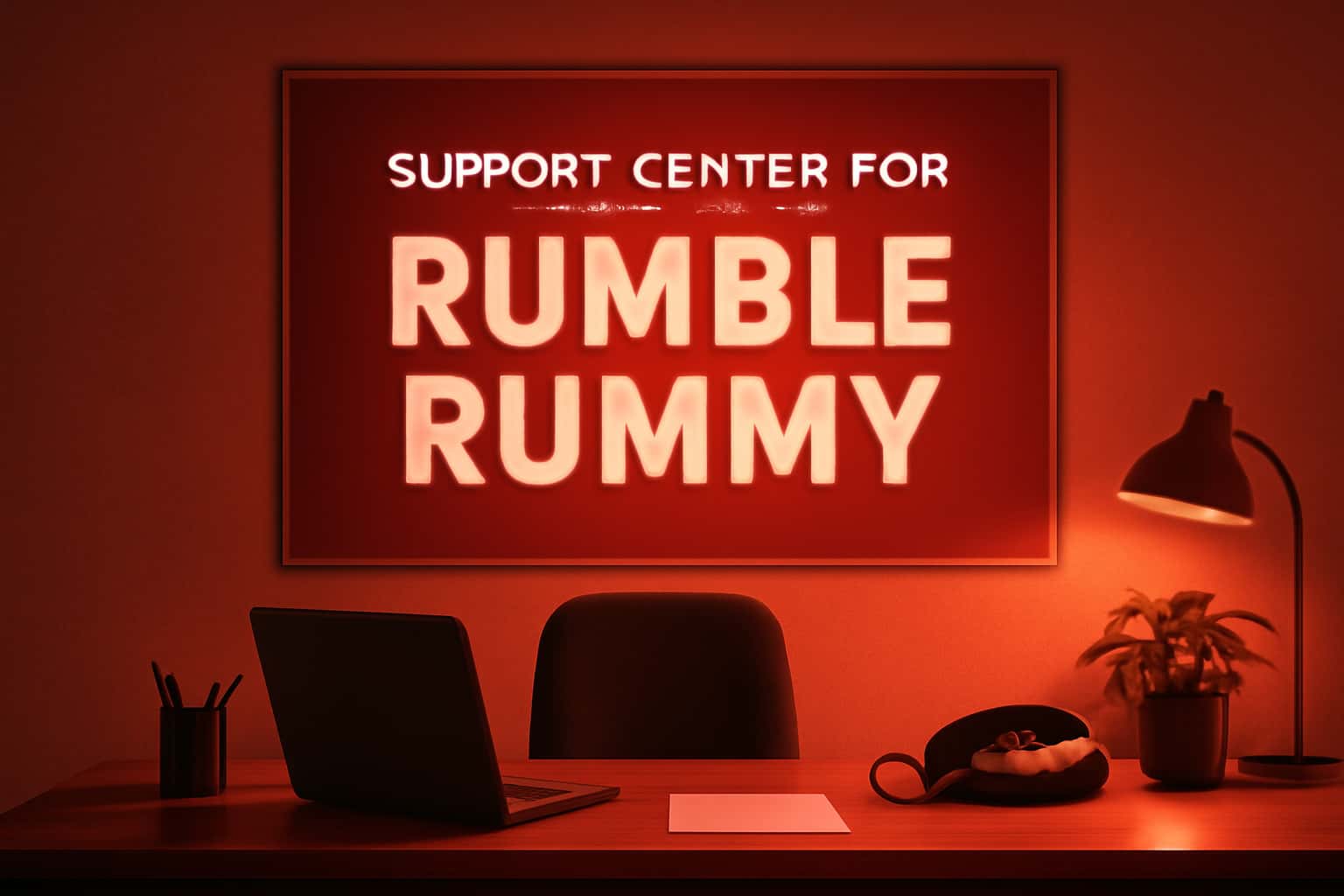 Informational scene about Support Center for Rumble Rummy with the text prominently displayed.